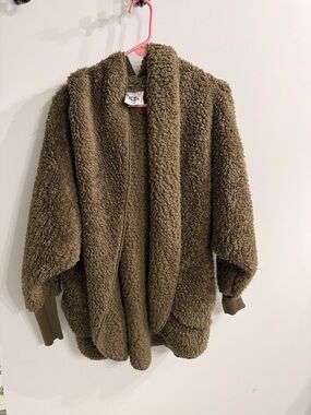 Nordic Beach dark Olive Green Fuzzy Sherpa Open Cardigan